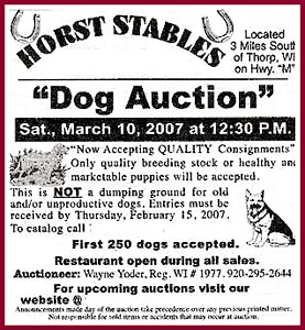 The Ad for the Thorp Dog Auction at Horst Stables. Note "Only Quality breeding stock or healthy and marketable puppies will be accepted."